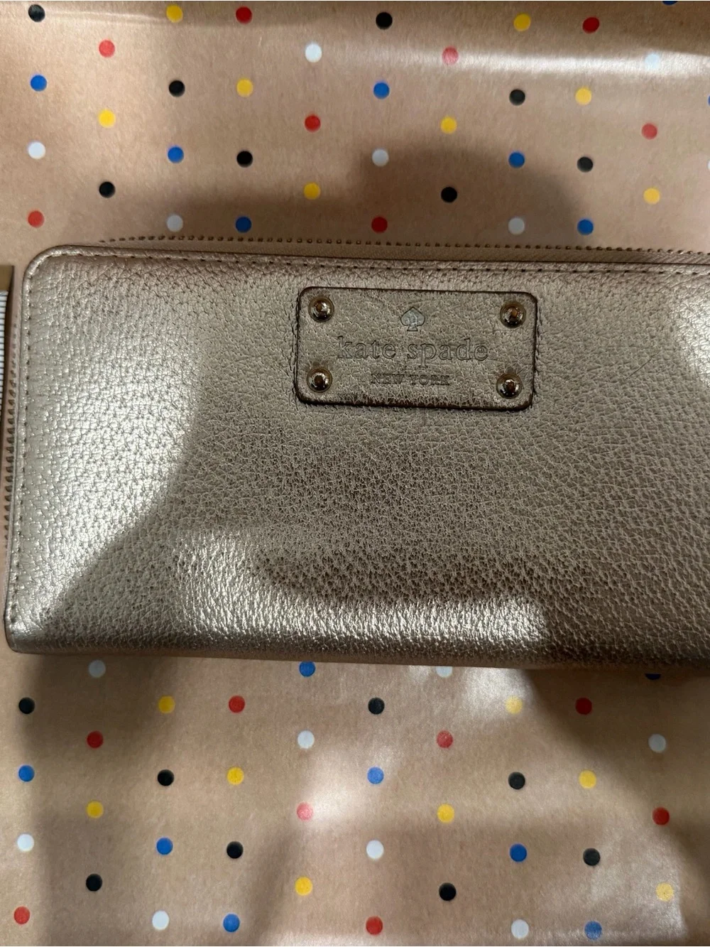 kate spade Metallic Gold Zip-Around Wallet with Logo Plate